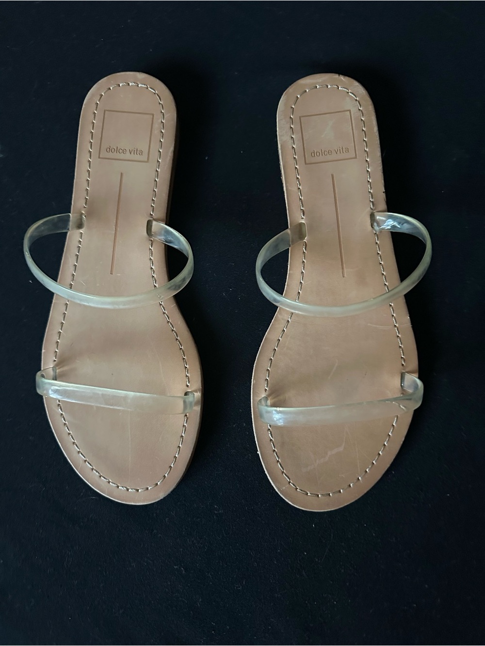 Dolce Vita Clear-Strap Tan Slide Sandals 8 - Picture 7 of 14